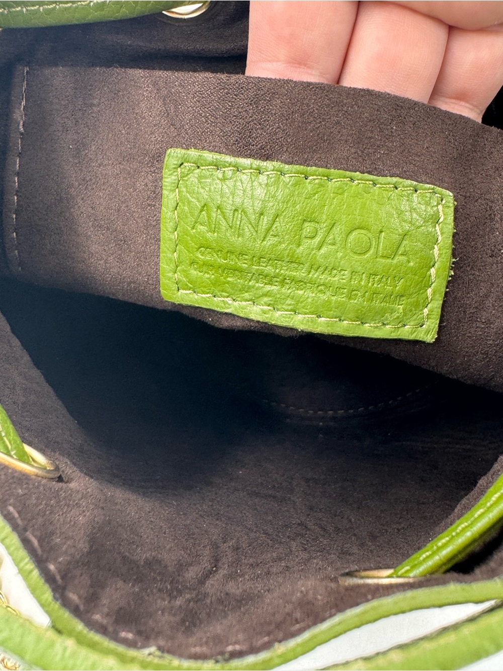 Anna Paola Gorgeous Green Leather Drawstring Bucket Bag, Made in Italy - Picture 12 of 16